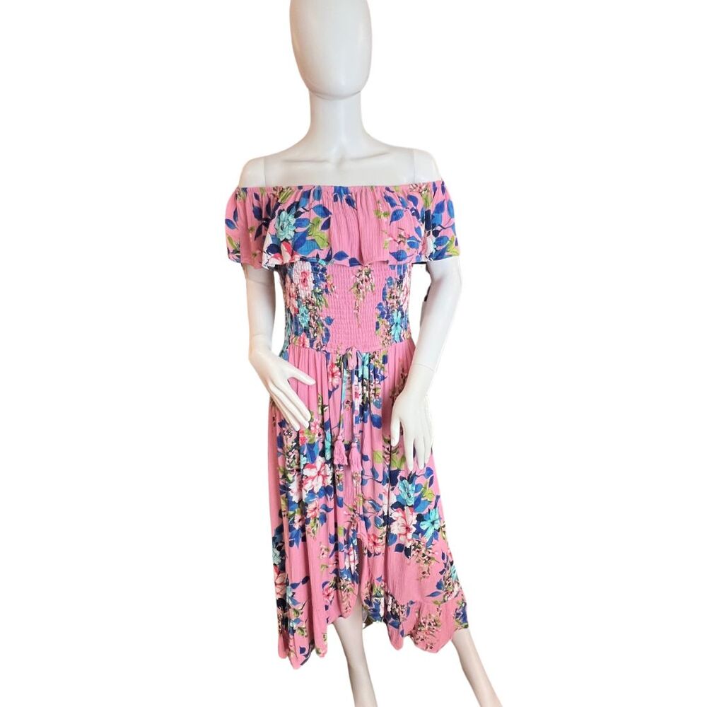 Xhileration Dress Pink Large Floral Off The Shoulder Midi Asymmetrical Hem Dress